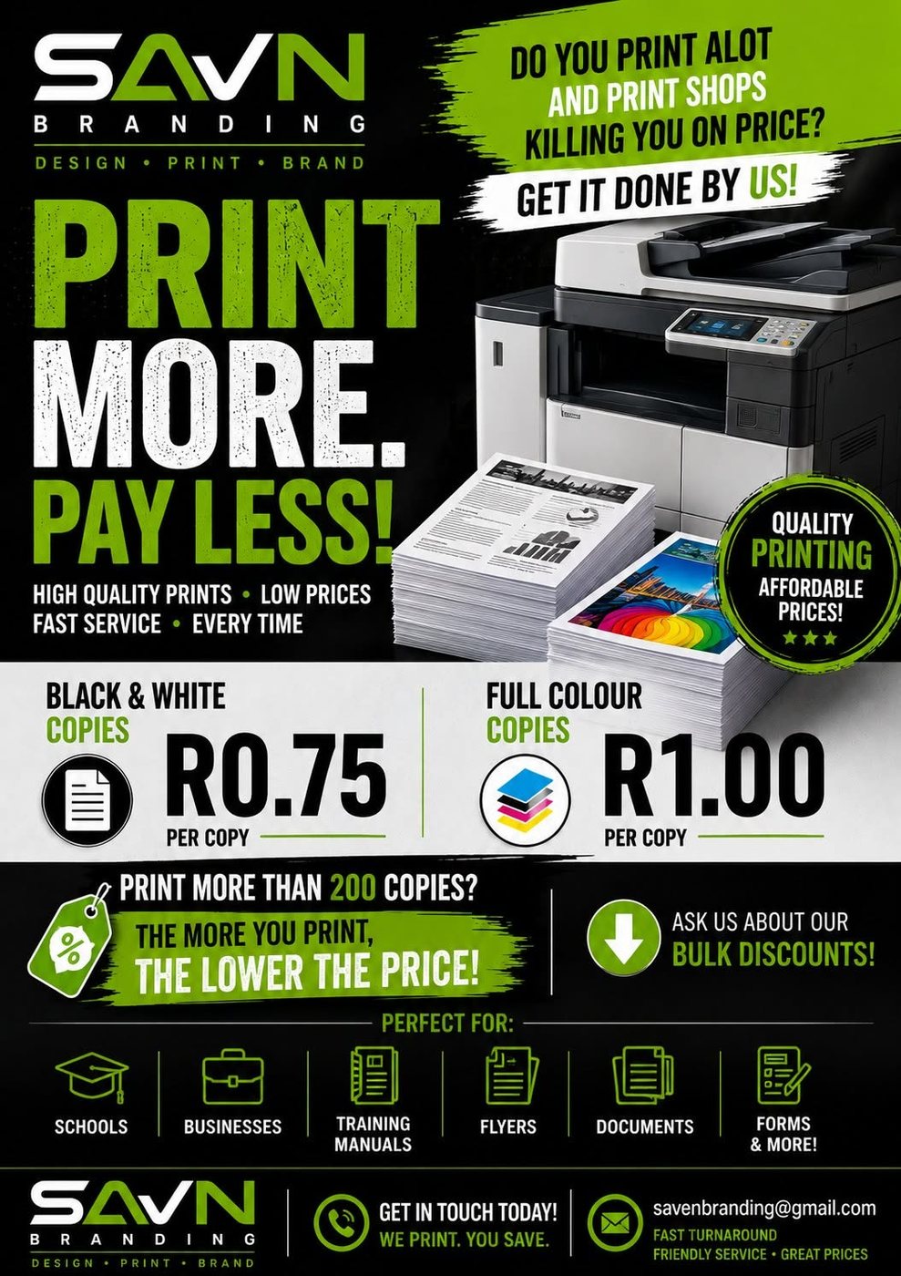SAVN Branding print more pay less copy pricing advert