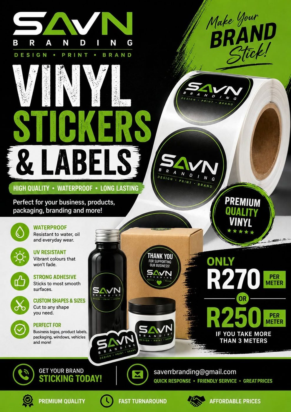 Vinyl stickers and labels advert from SAVN Branding